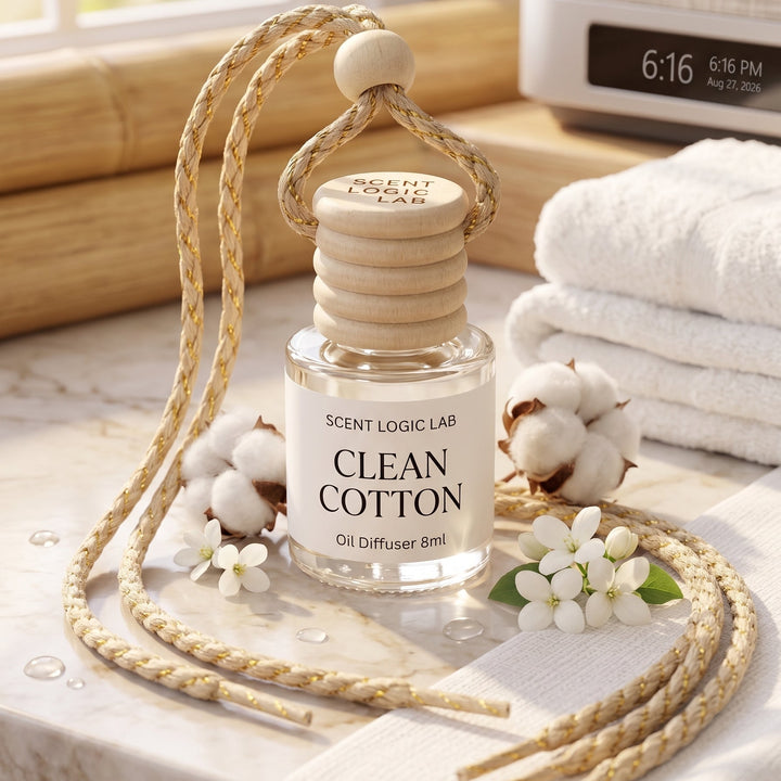 A clear glass oil diffuser bottle labeled &
