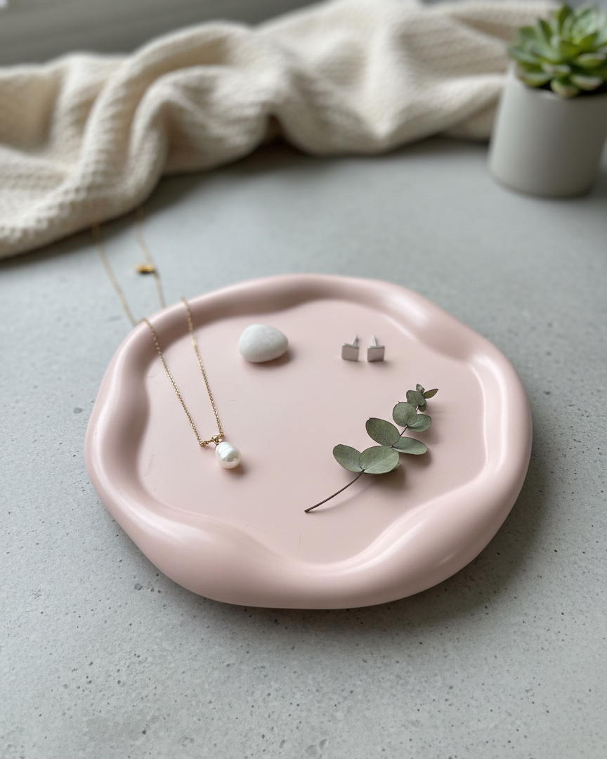 Pink Jesmonite Jewelry tray. Handmade in the USA.