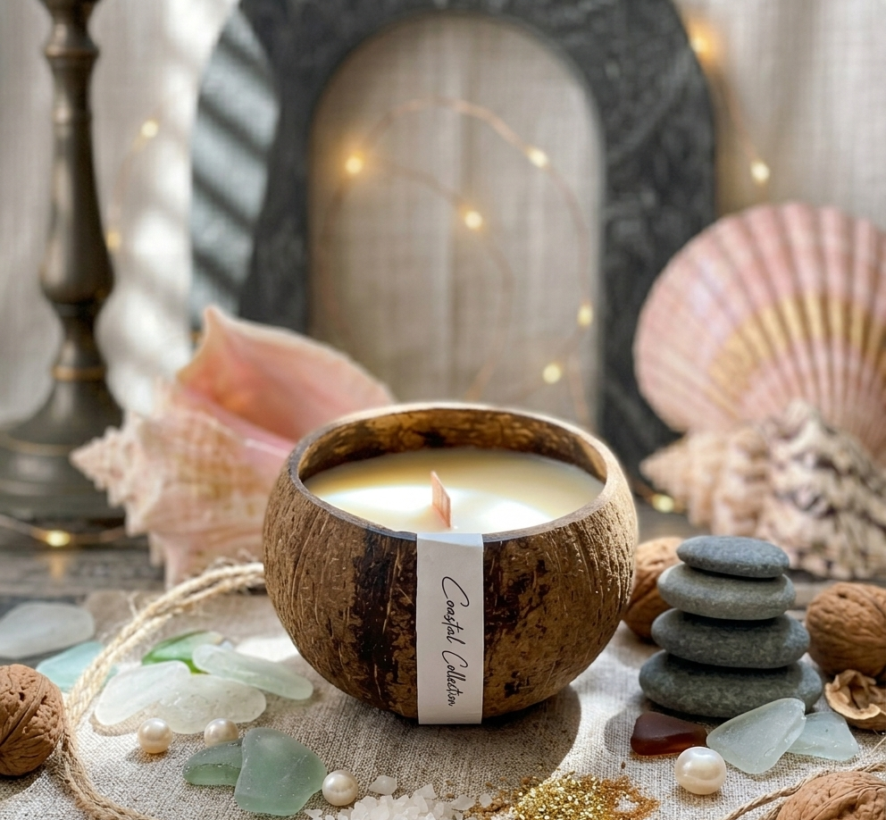 Handcrafted coconut wax candle in genuine coconut shell by Crazy About Candles