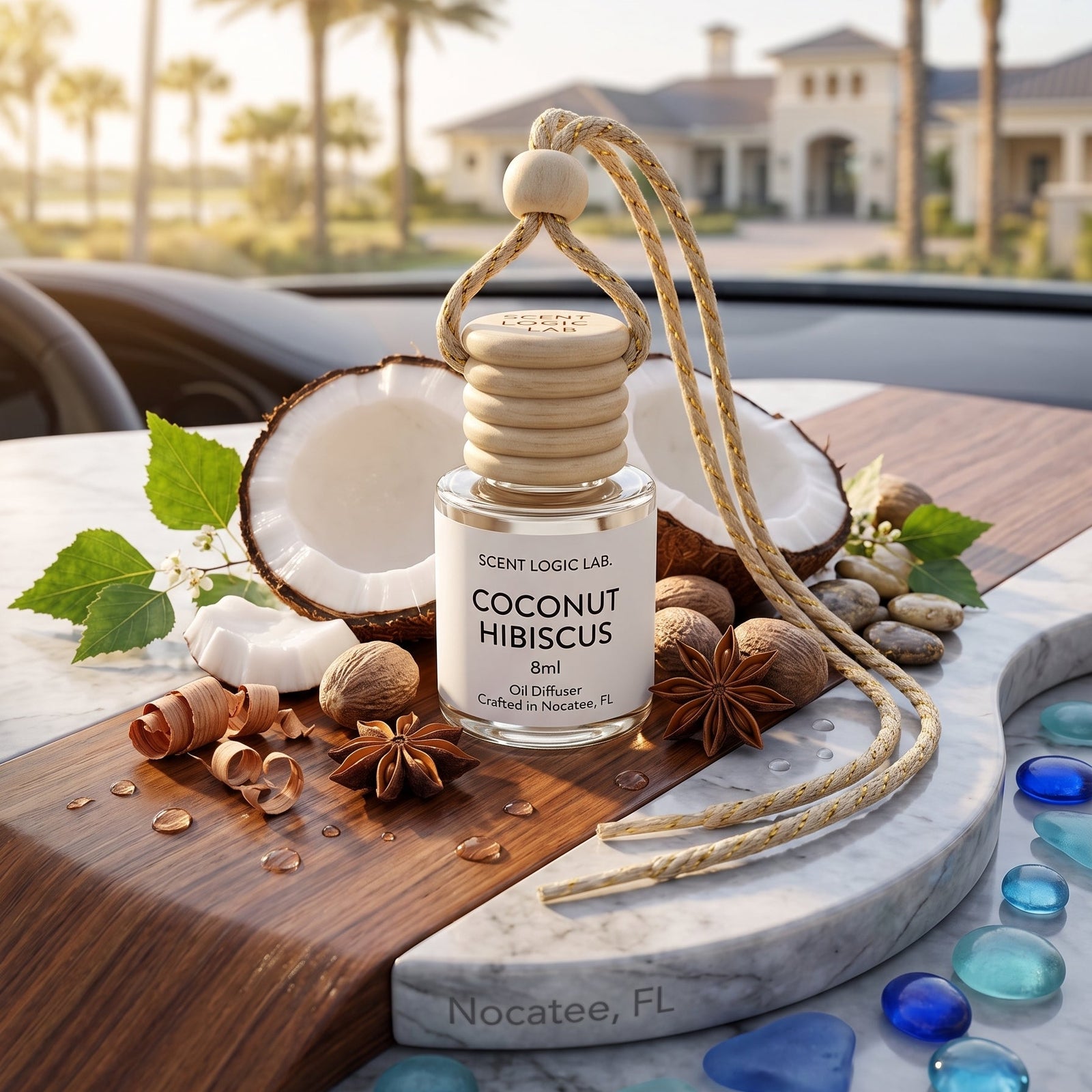 A small glass bottle labeled 'SCENT LOGIC LAB COCONUT HIBISCUS' with a cork stopper and hanging rope, styled on a wooden board with a coconut, star anise, blue stones, and tropical outdoor scenery in the background.