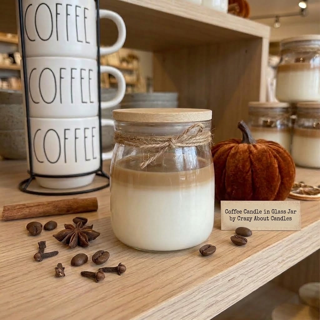 A layered coffee-themed candle in a clear glass jar with a light wood lid and twine bow, displayed on a wooden shelf with coffee beans, spices, a small pumpkin, and stacked white mugs in the background.