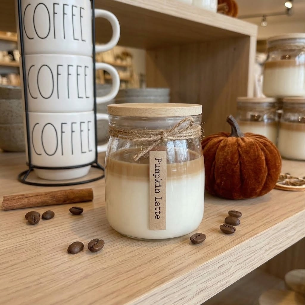 A glass jar candle with a light wood lid and a paper label reading 'Pumpkin Latte' sits on a wooden shelf next to a small orange pumpkin, scattered coffee beans, a cinnamon stick, and a stack of white ceramic mugs with 'COFFEE' printed on them.