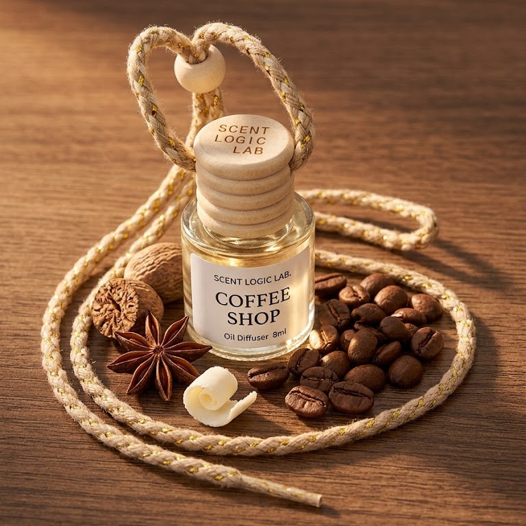 A glass oil diffuser bottle labeled 'SCENT LOGIC LAB COFFEE SHOP' with a wooden stopper and hanging loop, styled on a wooden surface with coffee beans, star anise, a nut, and a white flower.