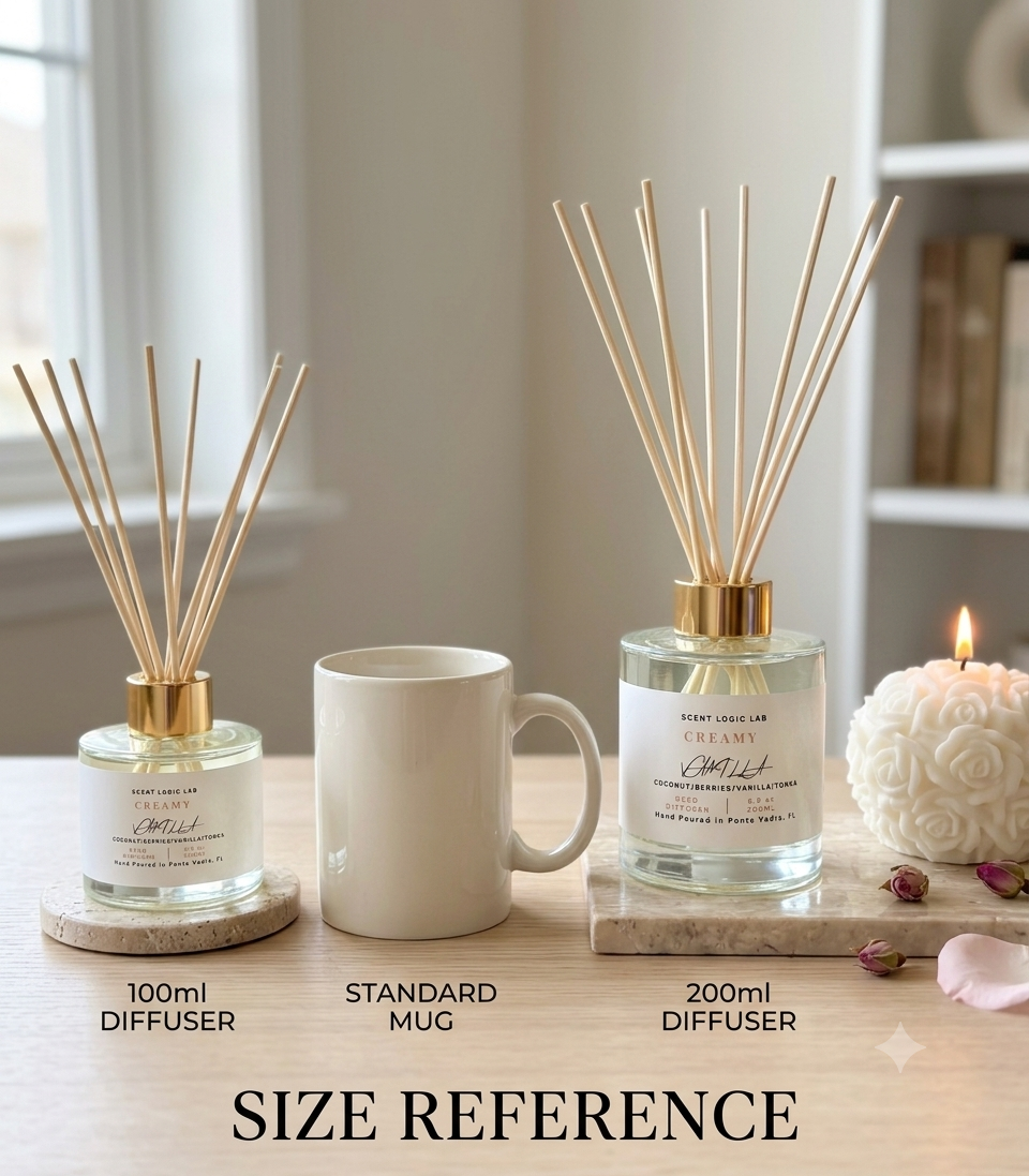 Side-by-side photo of the 100ml and 200ml bottles next to a common object (like a mug or candle) so buyers understand the scale