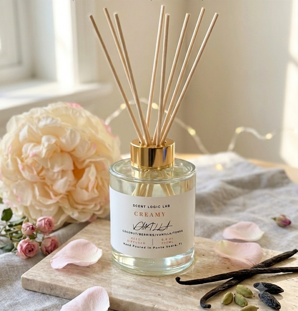 The diffuser centered beautifully on a clean background, showing both the bottle and the full height of the reeds.