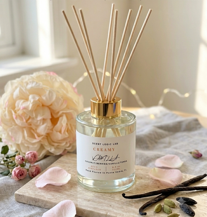 The diffuser centered beautifully on a clean background, showing both the bottle and the full height of the reeds.