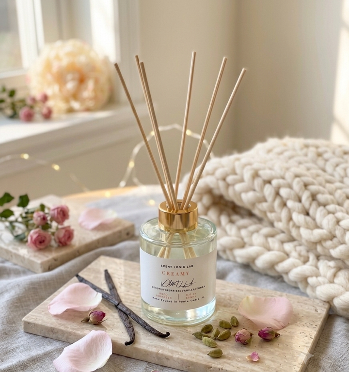 A lifestyle shot of the diffuser on a shelf or tray next to vanilla beans or a soft blanket to evoke a "creamy, cozy" feeling