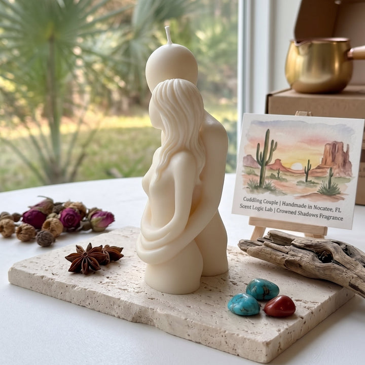 A cream-colored sculptural candle shaped like a pregnant woman cradling a fetus, displayed on a stone slab with dried flowers, turquoise stones, and a small desert-themed card in a bright indoor setting.