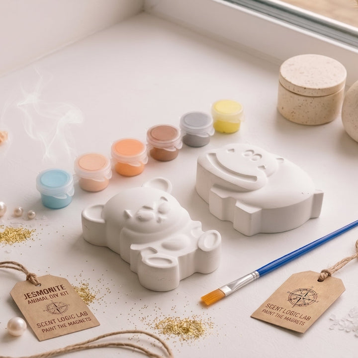 A styled flat-lay of a DIY paint kit. The kit includes white jesmonite molds shaped like a bear and a hippo, small jars of colorful resin wax, and a  paintbrush