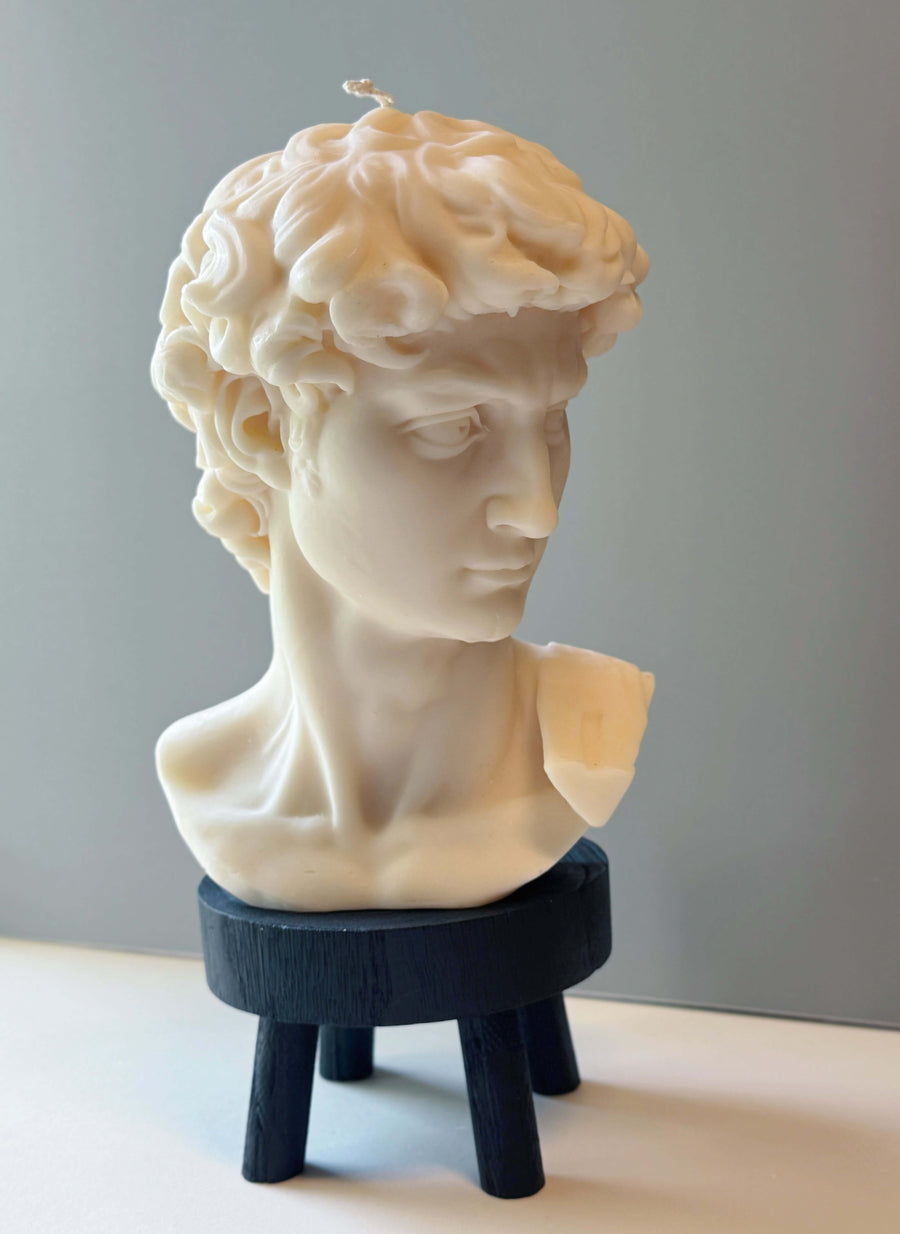 David Head Sculptural Candle in wax, 11" decorative bust, inspired by Michelangelo's original sculpture.