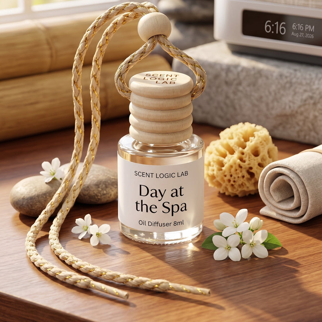 A clear glass oil diffuser bottle with a beige rope hanger and wooden top, labeled &