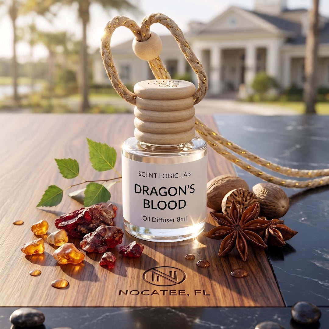 A glass oil diffuser bottle labeled &