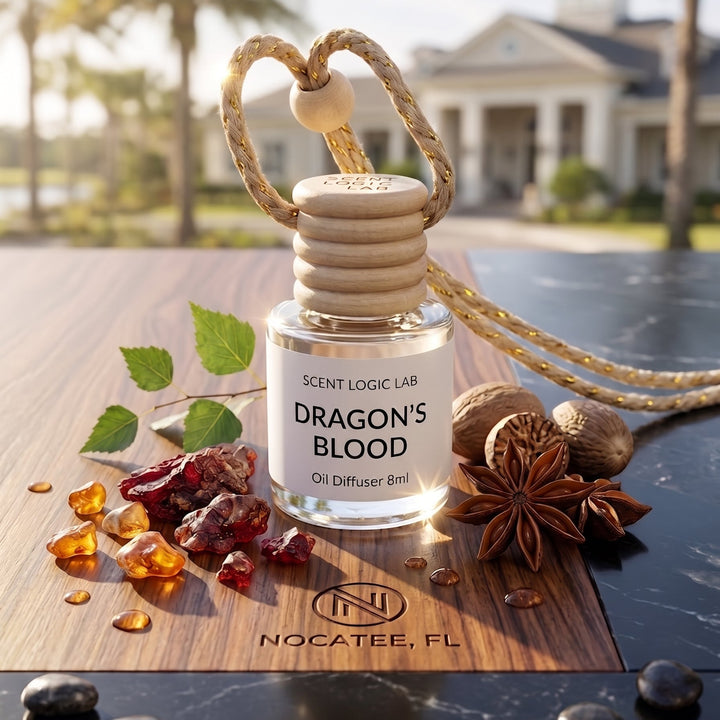 A glass oil diffuser bottle labeled &