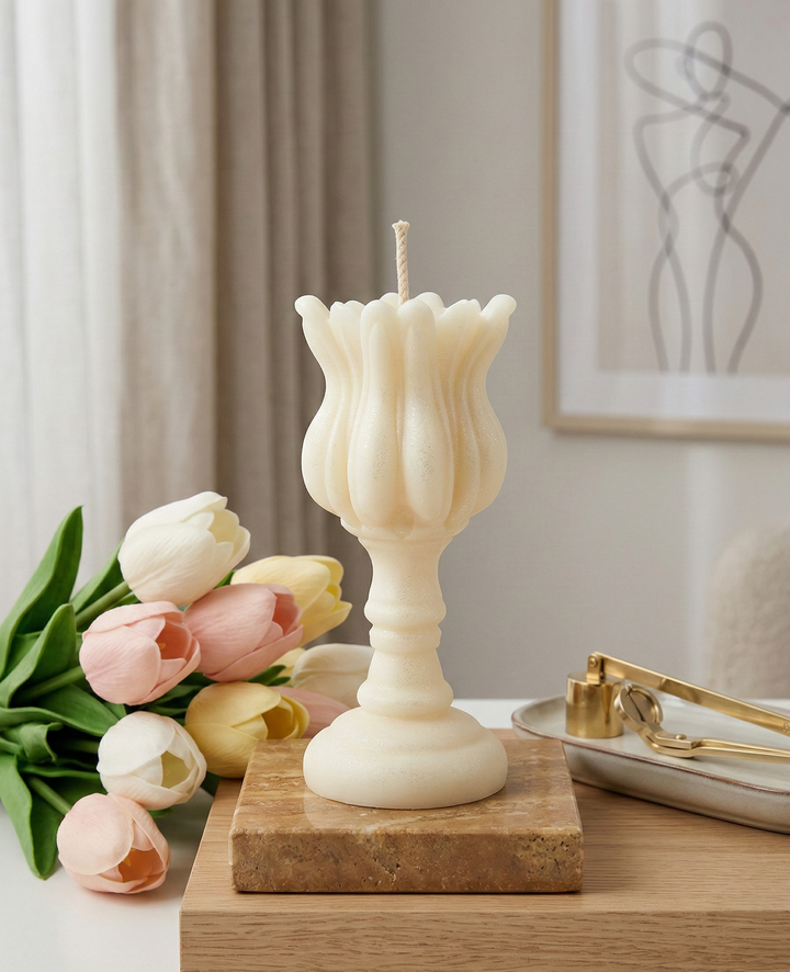 Tulip Candle in Ivory – Handcrafted Sculptural Soy Wax Candle, 5"×2.5", Elegant Home Décor Accent, Made in USA