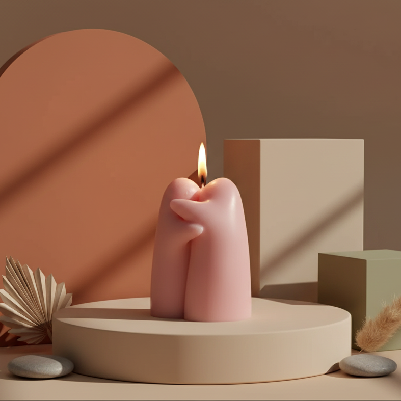 Emotional Support Candle in Pink Decorated — hand-poured soy wax hugging figure sculpture, comfort & self-care gift, made in USA