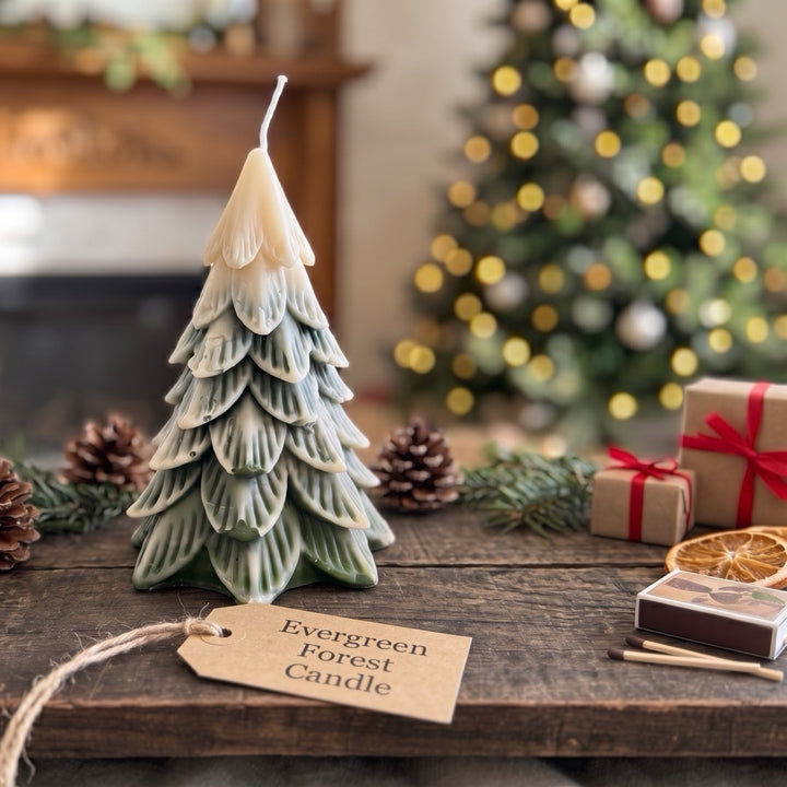 A Christmas tree-shaped candle in frosted off-white and light green layers sits on a rustic wooden table, surrounded by pinecones, evergreen branches, and a gift box, with a blurred Christmas tree in the background.