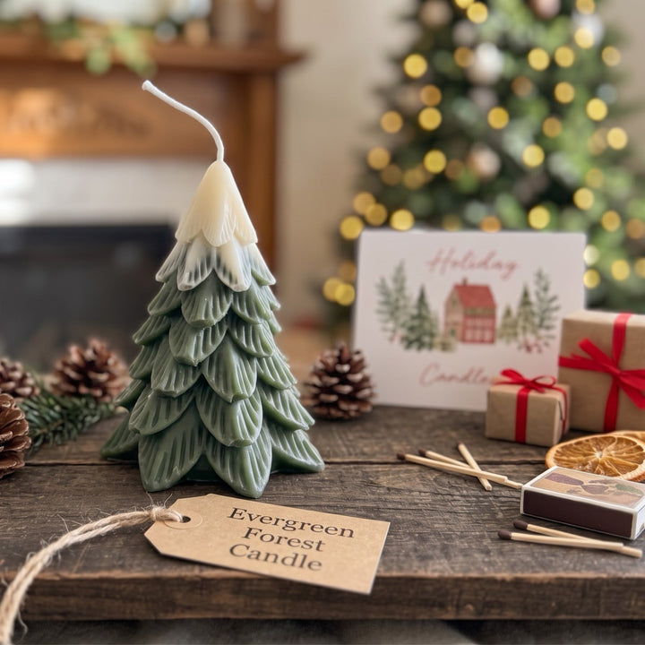 A Christmas tree-shaped candle in layered green and cream wax sits on a rustic wooden table decorated with pinecones, evergreen branches, and holiday cards, with a blurred Christmas tree and fireplace in the background.