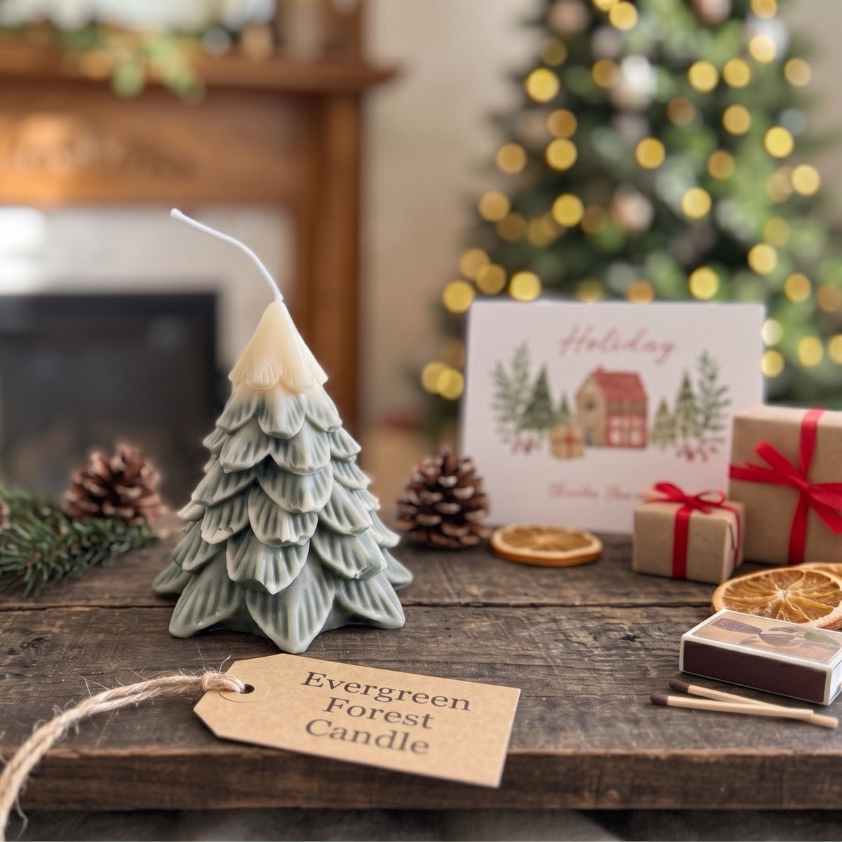 A Christmas-themed product photo featuring a sculpted tree-shaped candle in a muted sage green color with a cream-colored wick and top. The candle is styled on a rustic wooden table alongside pinecones, evergreen branches, a holiday greeting card, and wrapped gifts, with a blurred Christmas tree and fireplace in the background.