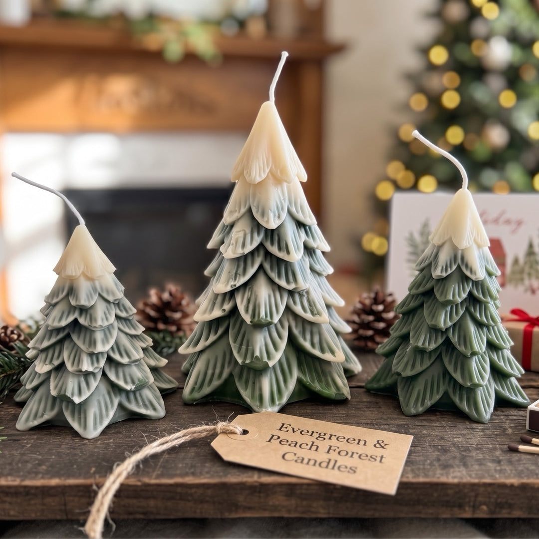 Three Christmas tree-shaped candles in shades of sage green and cream, displayed on a rustic wooden table with pinecones, evergreen branches, and a cozy holiday background.