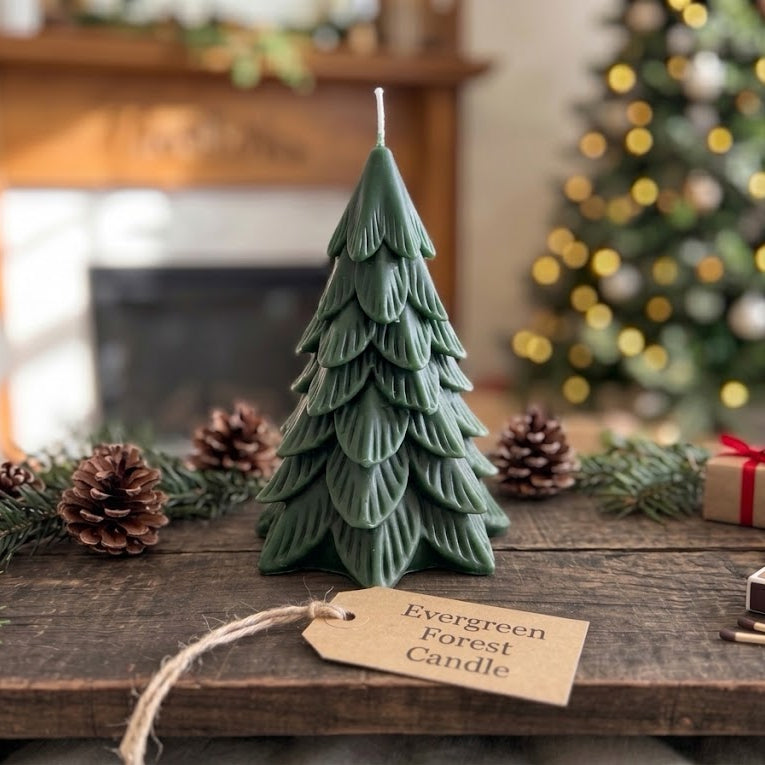 A dark green Christmas tree-shaped candle labeled &