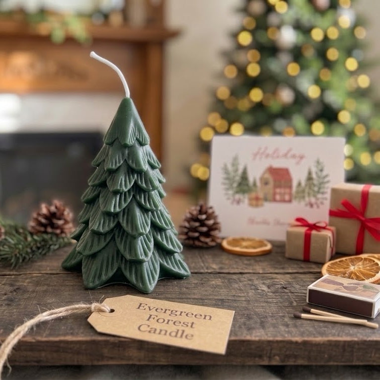 A dark green Christmas tree-shaped candle with a white wick sits on a rustic wooden table, surrounded by pinecones, evergreen branches, a holiday greeting card, and wrapped gifts in a cozy, blurred living room setting.