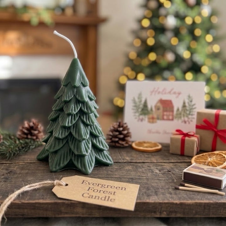 A dark green Christmas tree-shaped candle with a white wick sits on a rustic wooden table, surrounded by pinecones, evergreen branches, a holiday greeting card, and wrapped gifts in a cozy, blurred living room setting.