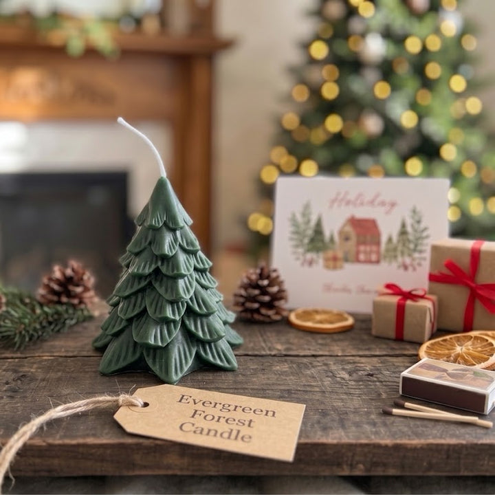 A green Christmas tree-shaped candle sits on a rustic wooden table surrounded by holiday decorations, pinecones, evergreen branches, a gift card, and wrapped presents. The candle tag reads &