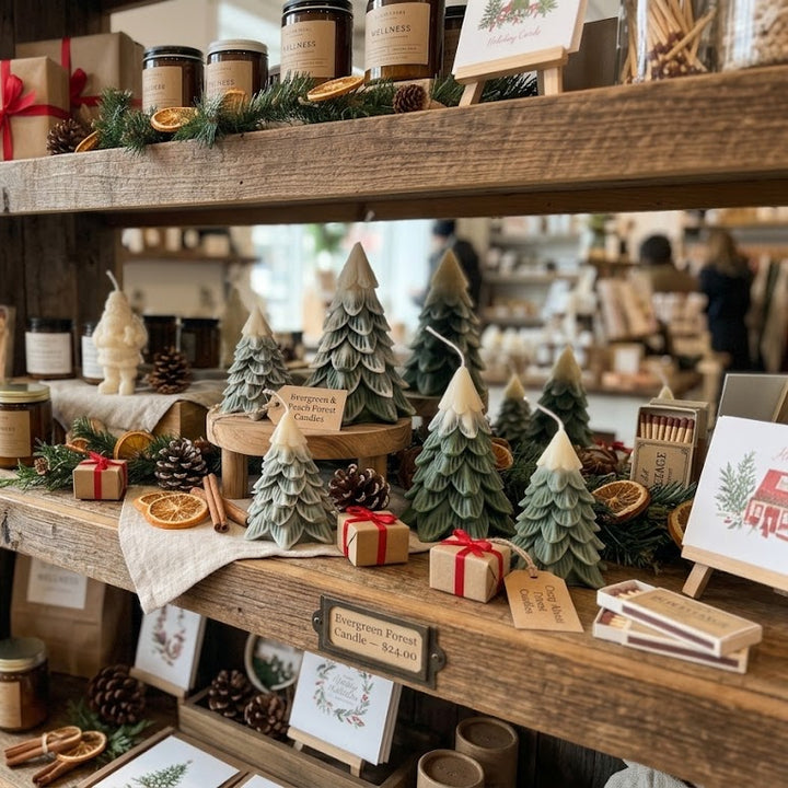 A rustic wooden display shelf in a cozy shop setting, filled with handmade holiday products including mini Christmas tree candles, small wrapped gift boxes, pinecones, dried orange slices, and decorative cards.
