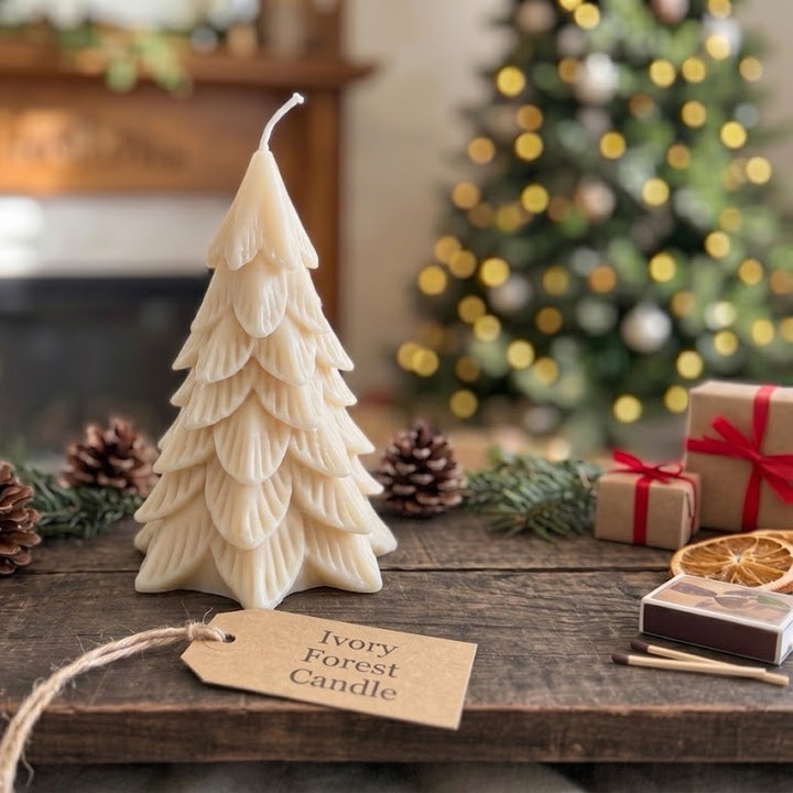 An ivory forest tree-shaped candle stands on a rustic wooden table decorated with pinecones, evergreen branches, and a gift tag reading &