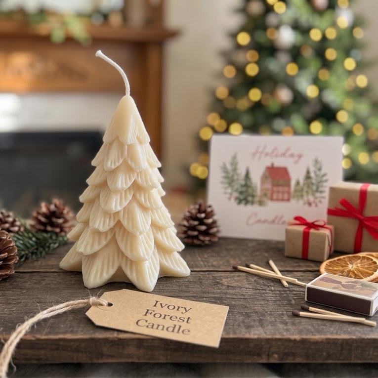 An ivory forest tree-shaped candle stands on a rustic wooden table, styled with a holiday greeting card, wrapped gifts, pinecones, matchsticks, and a dried orange slice, with a blurred Christmas tree in the background.