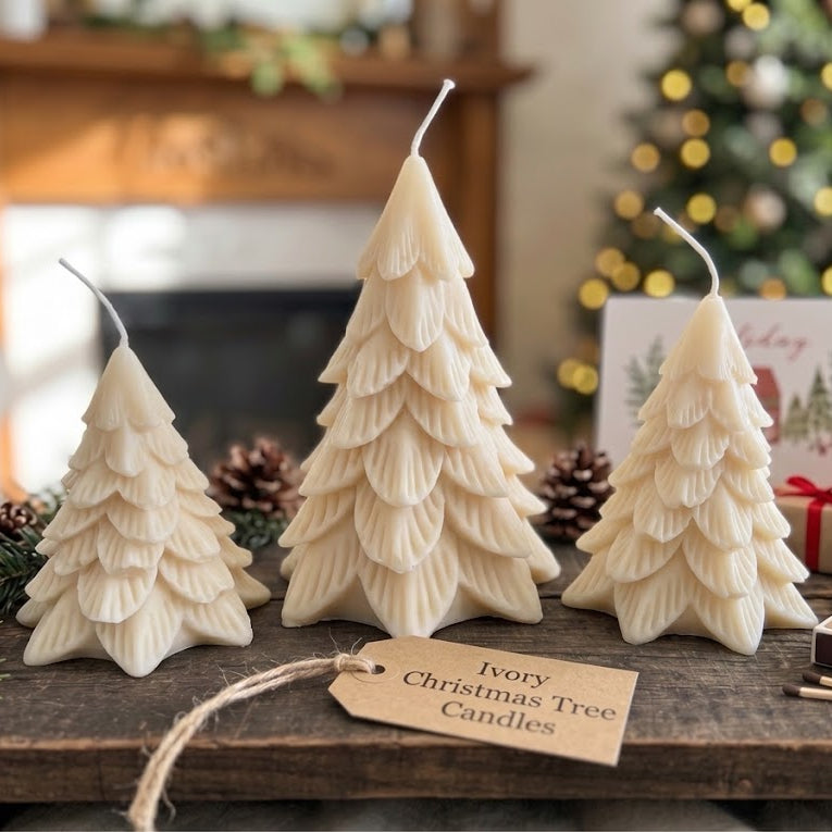 Three ivory Christmas tree-shaped candles displayed on a rustic wooden surface, with a fireplace and a blurred decorated Christmas tree in the background. A paper tag attached to the front candle reads &
