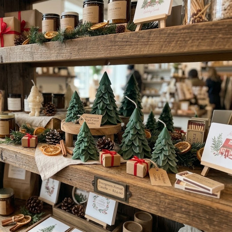 Rustic wooden shelves in a gift shop display handmade holiday products including small green tree candles, wrapped gift boxes, pinecones, dried orange slices, and artisanal soaps.