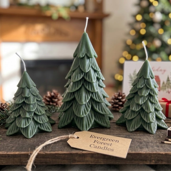 Three green tree-shaped candles displayed on a rustic wooden surface with pinecones, evergreen branches, and a gift box in a softly blurred holiday room setting. A paper tag reads "Evergreen Forest Candles.