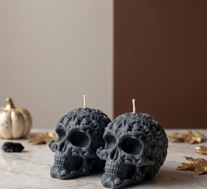 Floral Skull Sculpture Candle – Hand-Poured Soy Wax | Ivory &amp; Gray