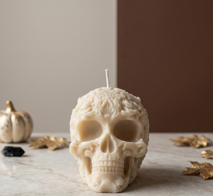 Floral Skull Sculpture Candle – Hand-Poured Soy Wax | Ivory &amp; Gray