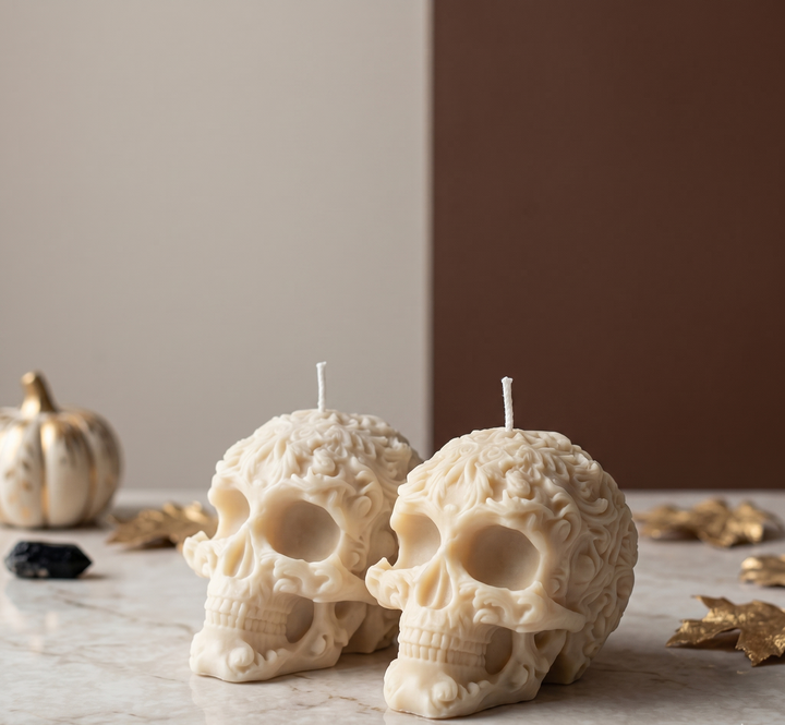 Floral Skull Sculpture Candle – Hand-Poured Soy Wax | Ivory &amp; Gray