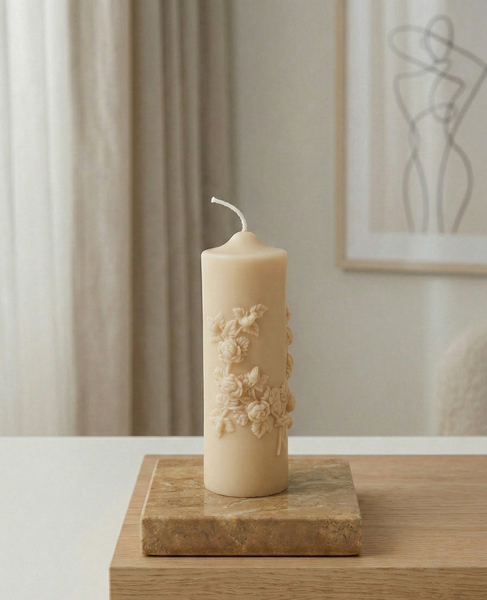 Floral Pillar Candle in Almond – Artisan Soy Wax Botanical Pillar, Elegant Minimalist Interior Accent, Handcrafted in USA