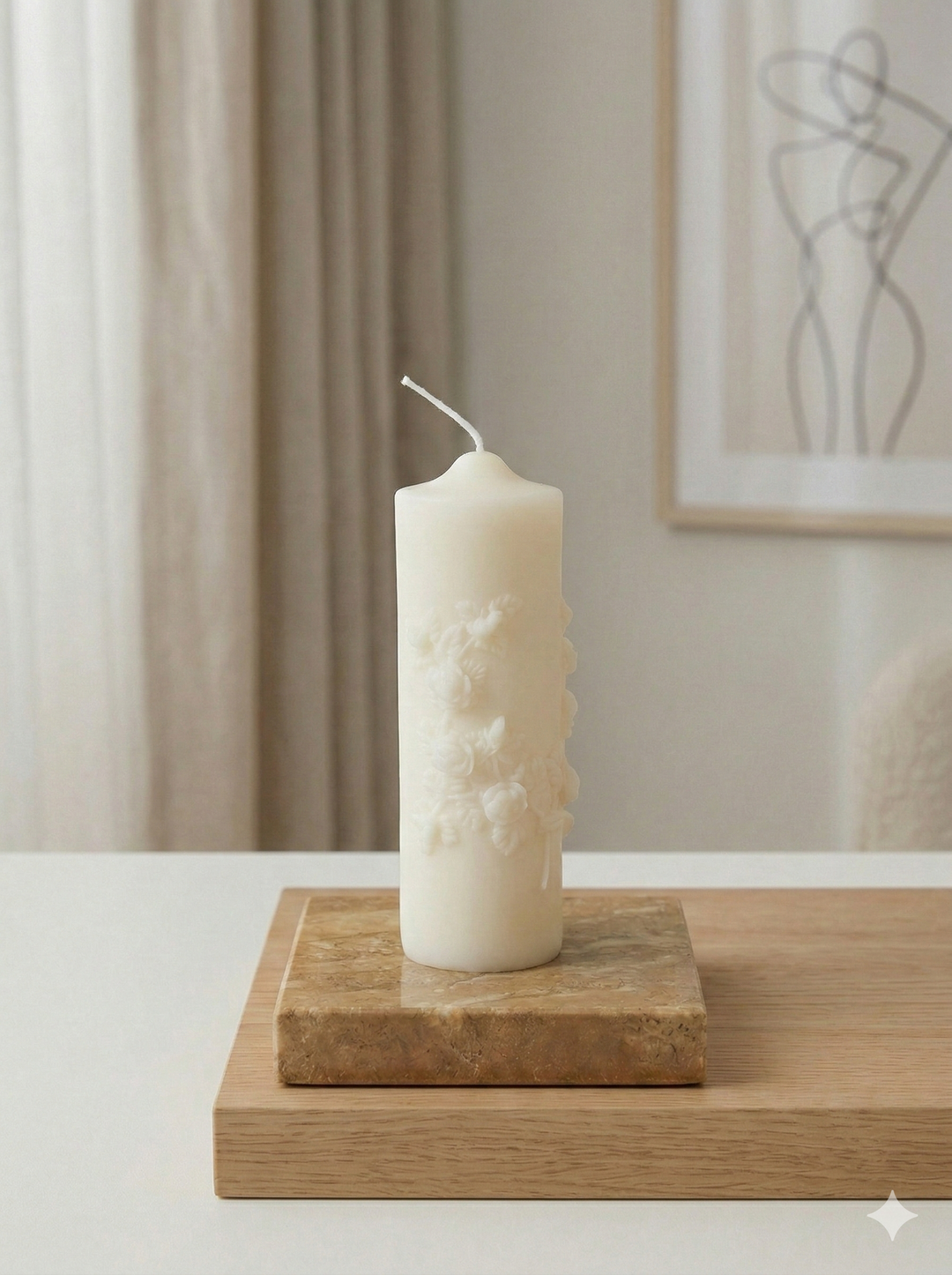 Floral Pillar Candle in Ivory – Pure Soy Wax Botanical Sculptural Candle, Available in White Tea, Cashmere Plum &amp; French Market Scents