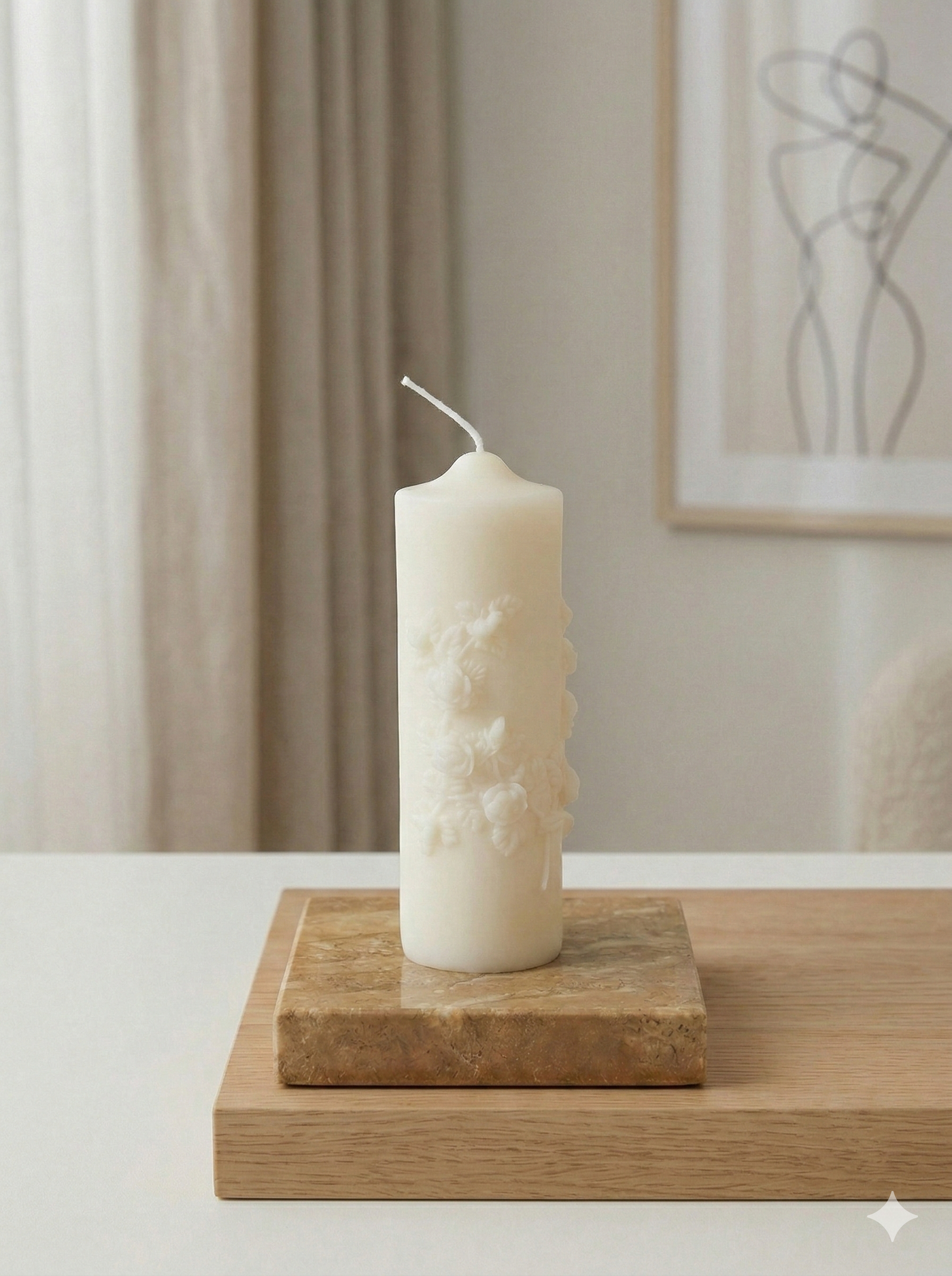Floral Pillar Candle in Ivory – Pure Soy Wax Botanical Sculptural Candle, Available in White Tea, Cashmere Plum & French Market Scents