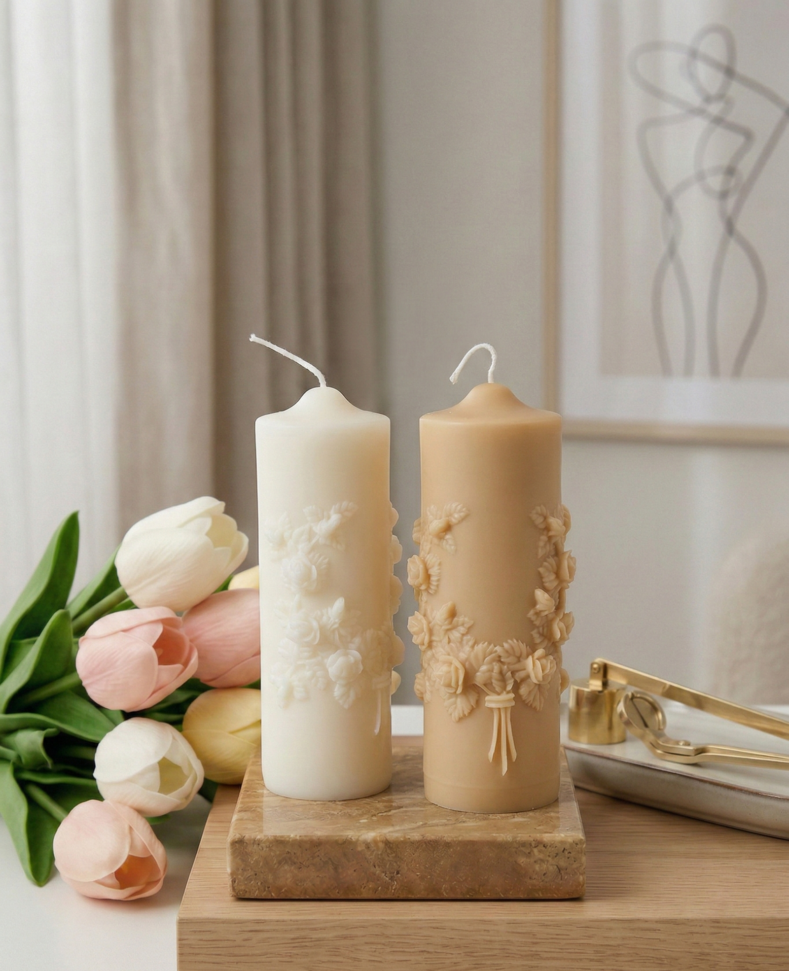 Floral Pillar Candle – Hand-Poured 100% Soy Wax Botanical Sculpture, 6"×2", Soft Floral Aromatics, Handcrafted in USA
