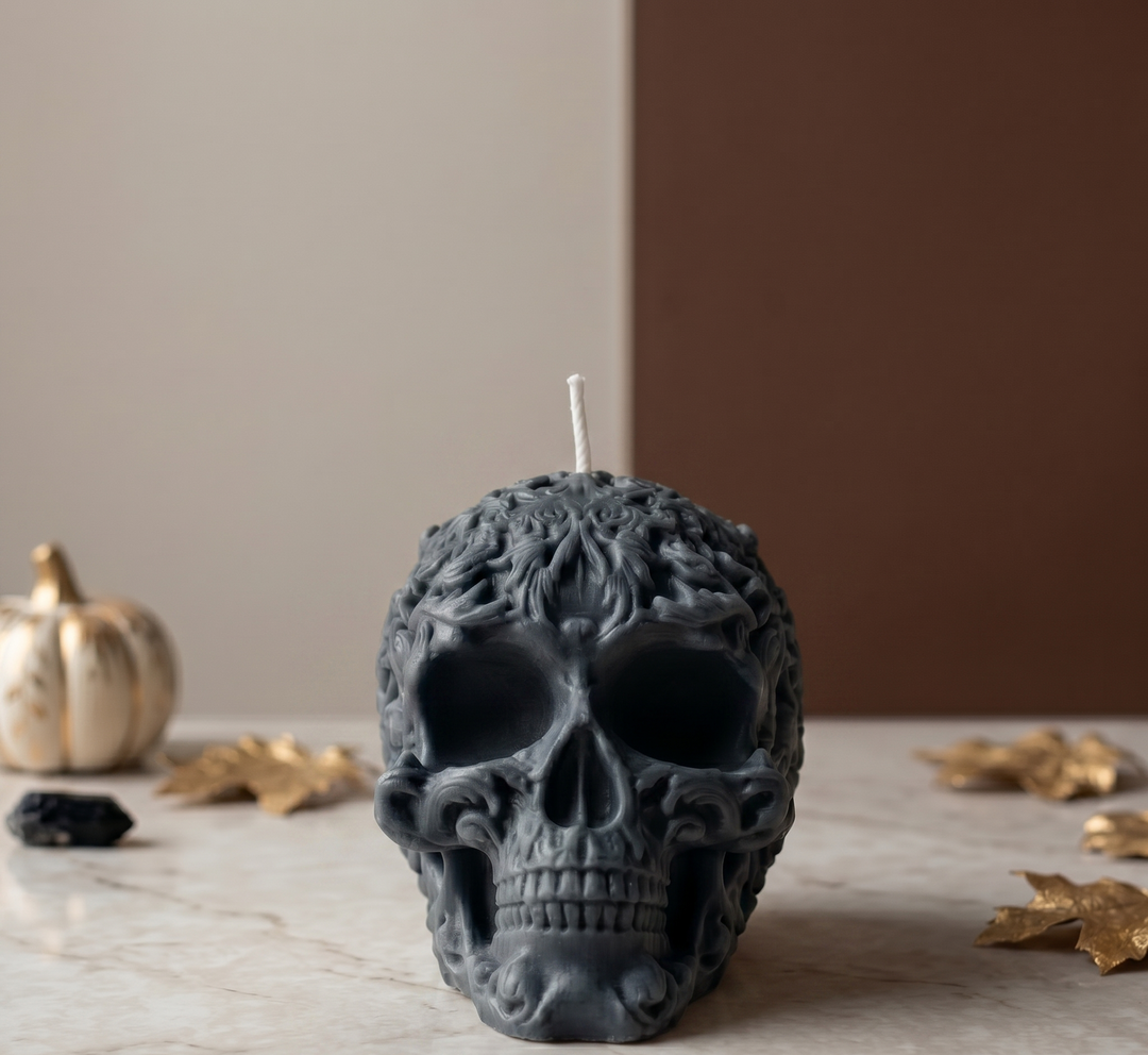 Floral Skull Sculpture Candle – Hand-Poured Soy Wax | Ivory &amp; Gray