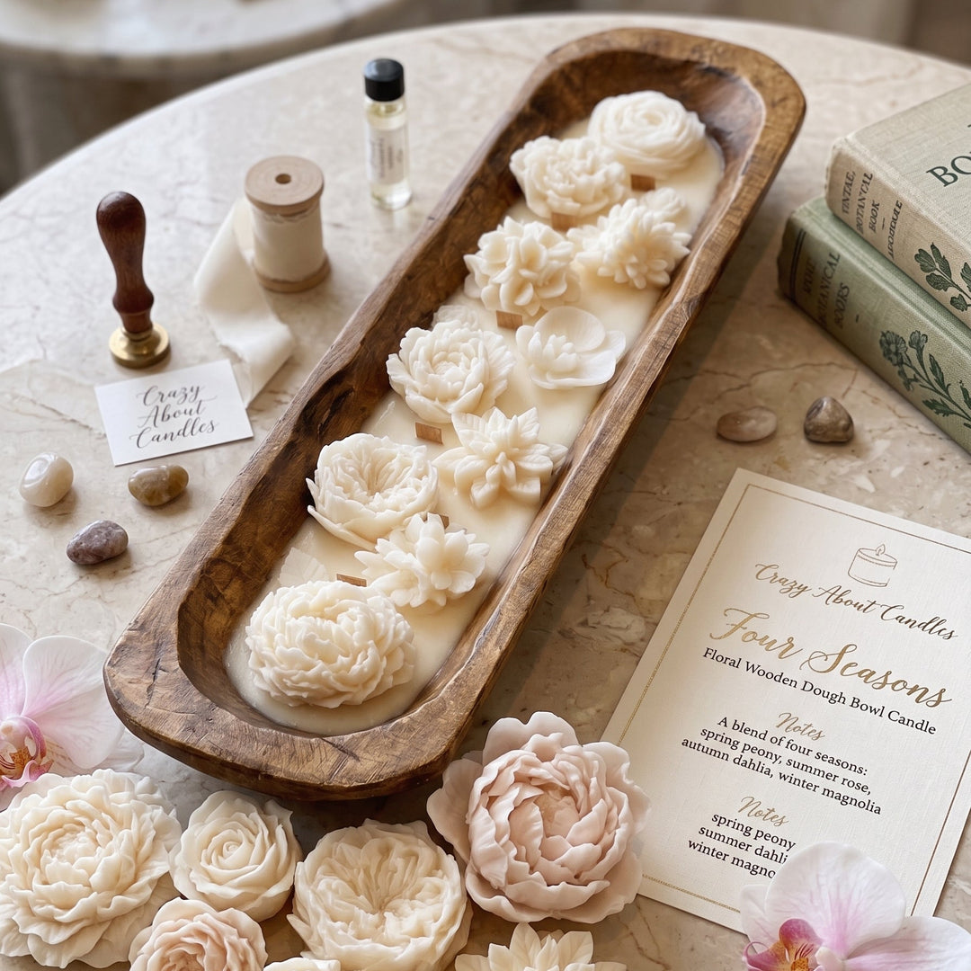A styled flat-lay of a wooden tray holding cream-colored wax flower candles, surrounded by matching wax flowers, a small bottle, books, stones, and printed cards on a marble surface.