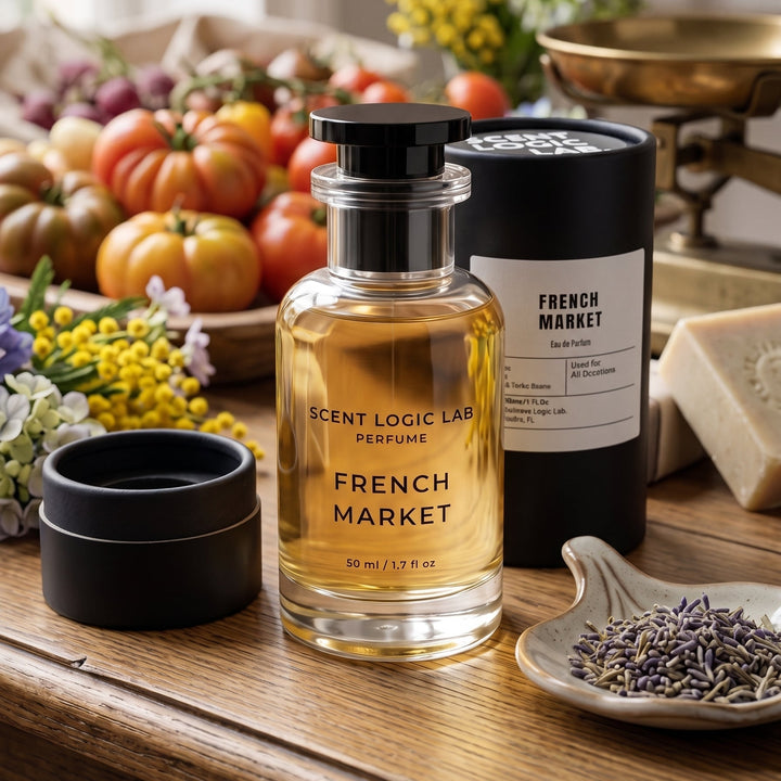 A bottle of Scent Logic Lab French Market perfume stands on a wooden table beside its black cylindrical tin packaging, with the cap placed in front. The scene includes flowers, tomatoes, lavender, and a brass bowl in a softly lit indoor setting.