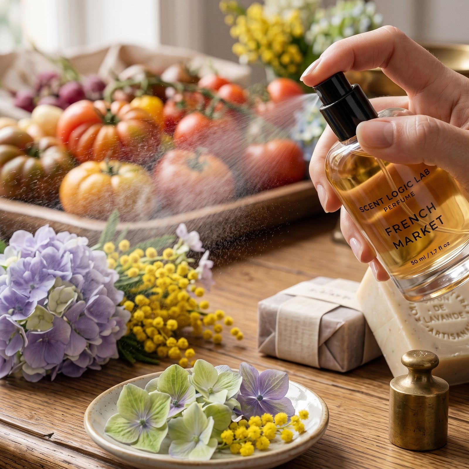 A hand sprays a clear glass perfume bottle labeled 'SCENELOGIC LABS. PARIS FRENCH MARKET' over a rustic wooden table with flowers, tomatoes, and soap bars in a warm, styled setting.