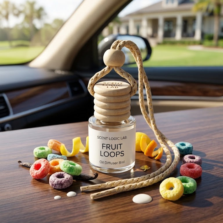 A clear glass car diffuser bottle labeled &