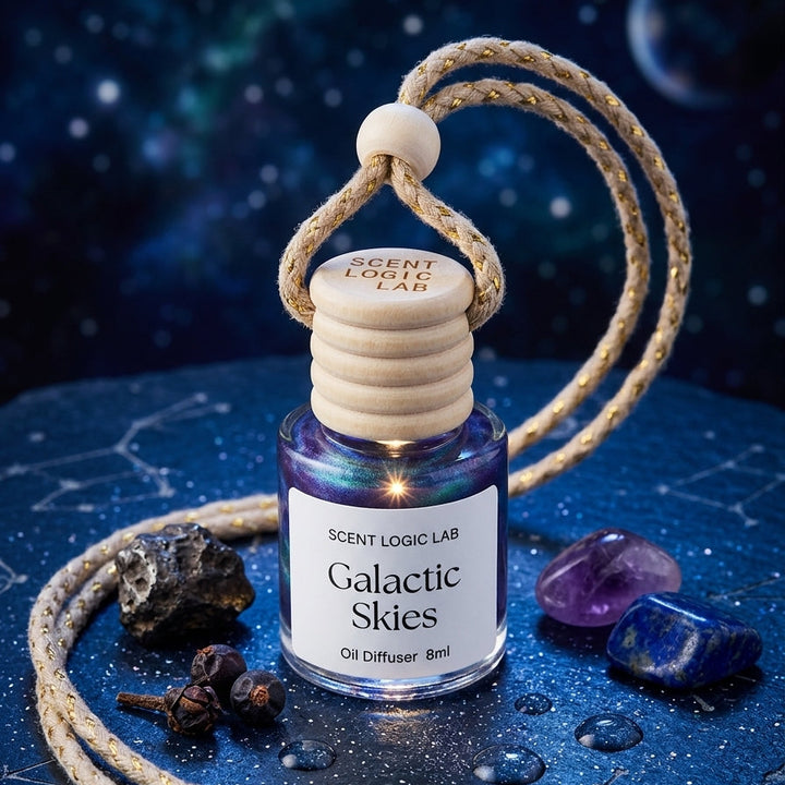 A glass oil diffuser bottle labeled &