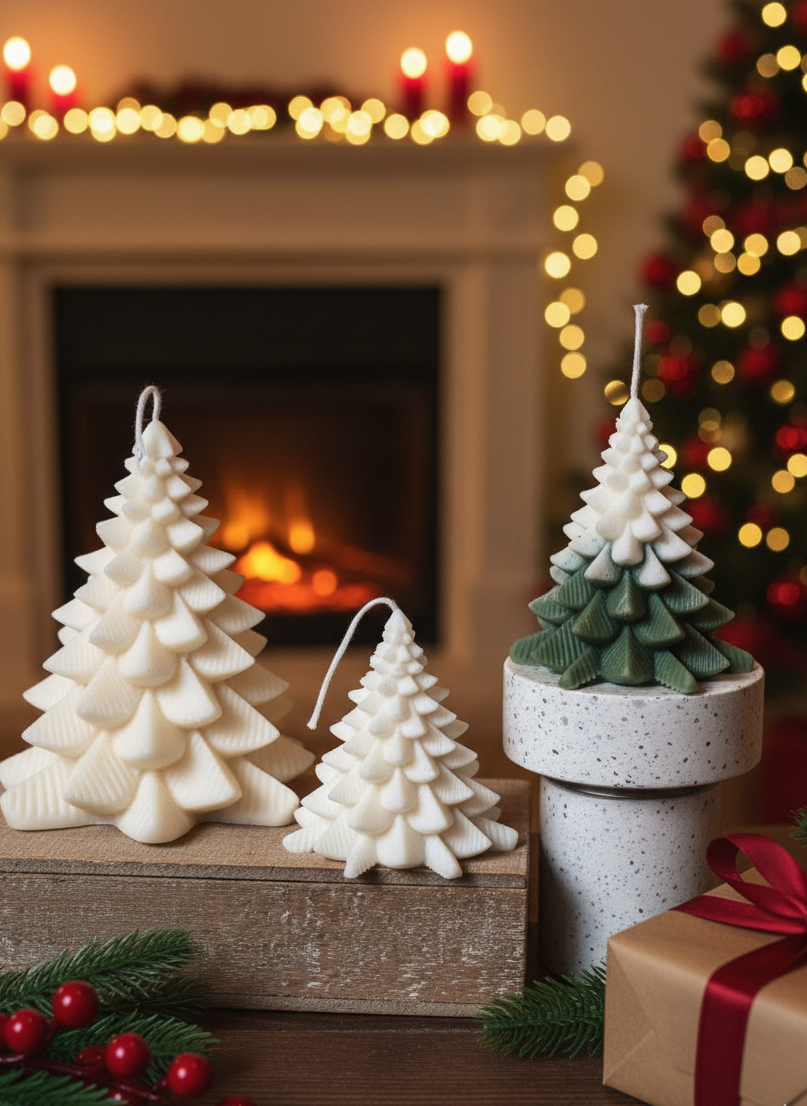 Christmas Fir Tree Candle Small White – Hand-Poured Premium Soy Wax, 3.2"H×3"W, Fraser Fir & White Birch Scents, Handmade in USA