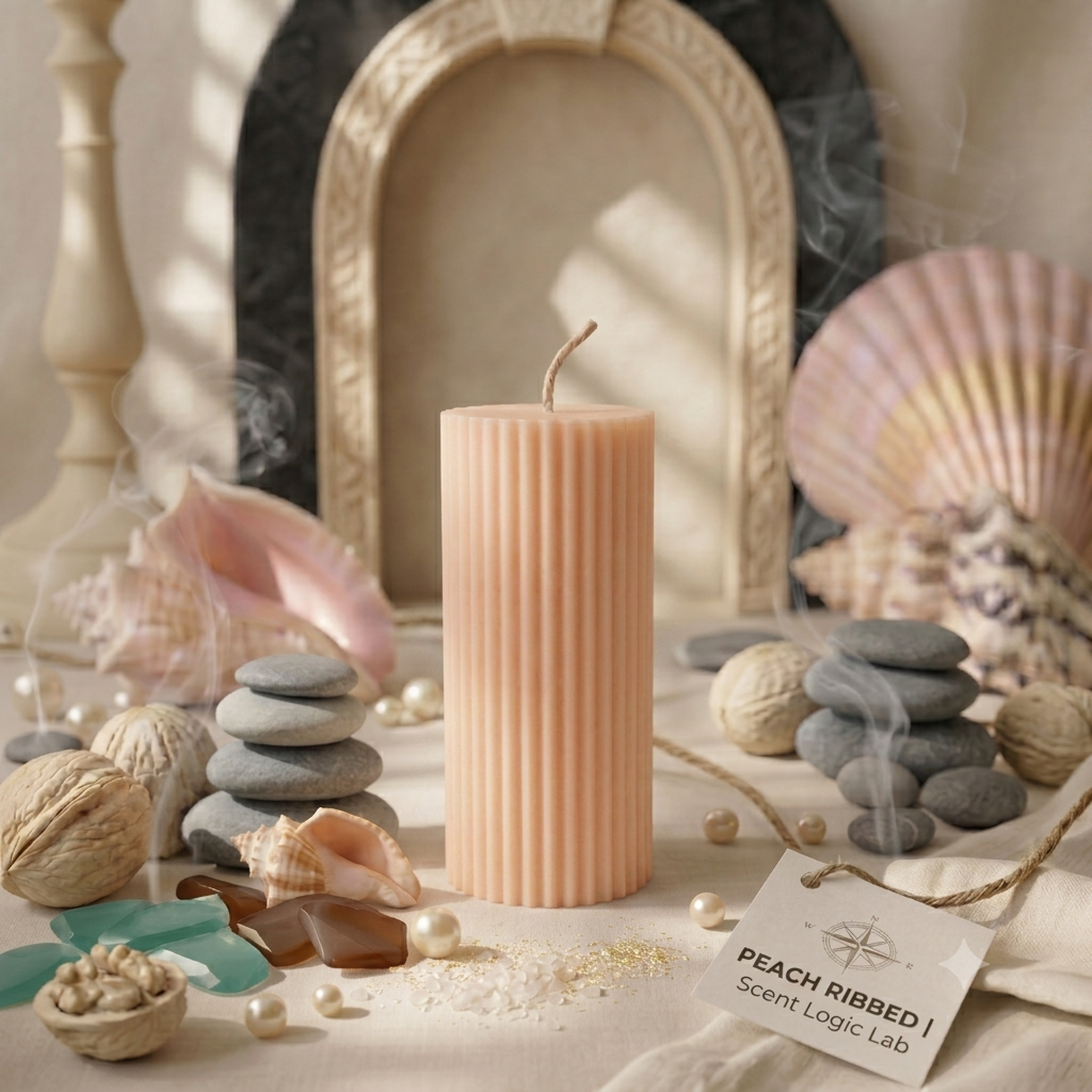 Peach ribbed candle with decorative elements like seashells and stones on a neutral background