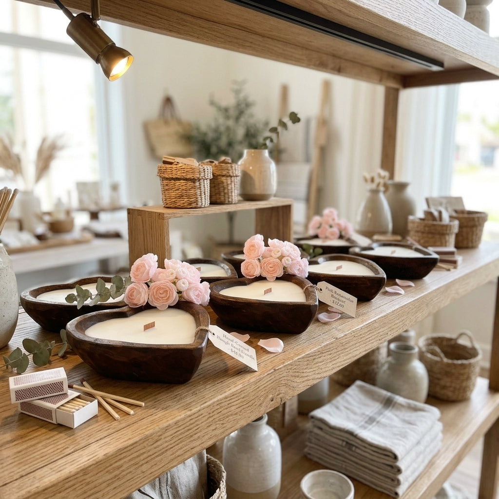 Heart-shaped wooden bowls filled with white candles, decorated with pink roses and green eucalyptus, displayed on rustic wooden shelves in a cozy, well-lit boutique setting.