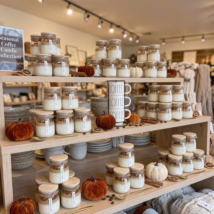 A retail display of glass jar candles with white wax and wooden lids, styled on light wood shelves alongside ceramic dishes, small velvet pumpkins, cinnamon sticks, and a white mug with &